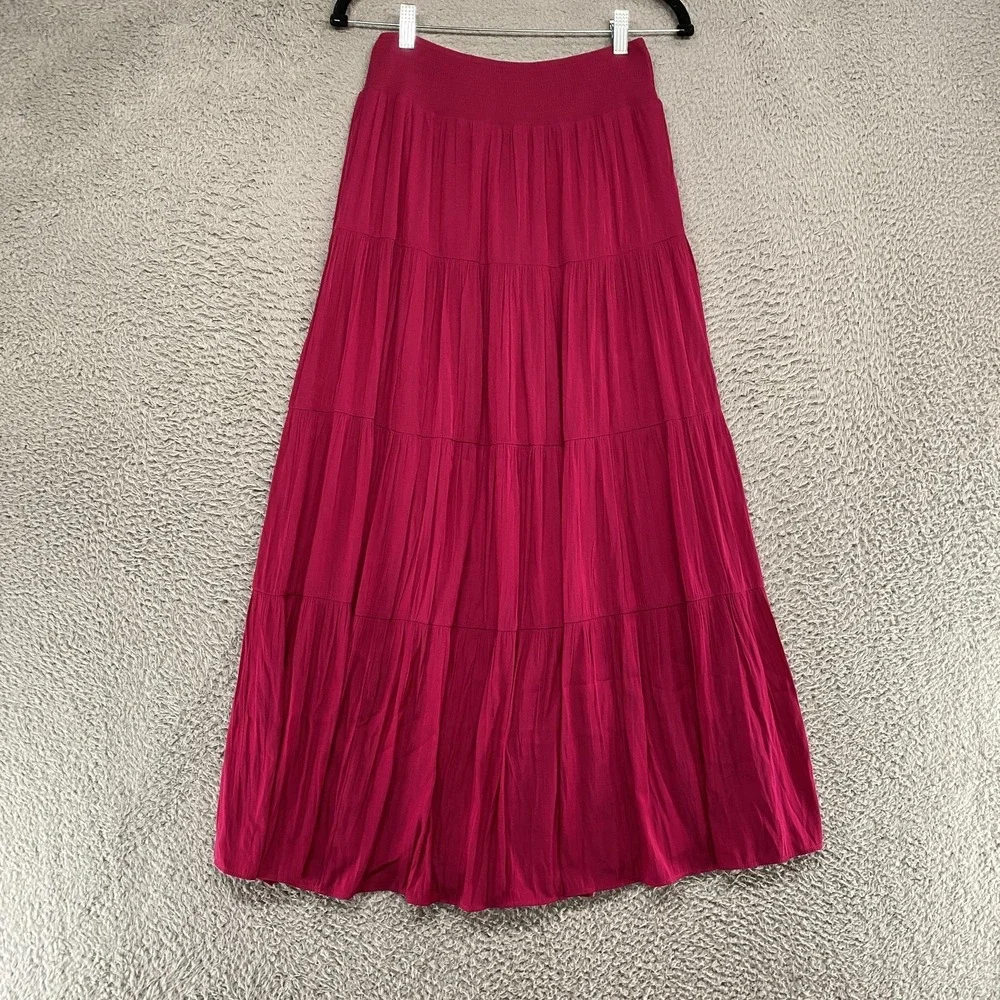 Chico's Maxi Skirt Womens 0 / 4 Pink Pleated‎ Tiered Elastic Waist Lined Flowy